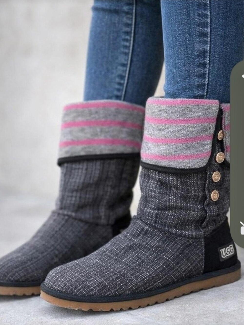 NWOB UGG Women’s Boots Size 11 – Gray/Pink Striped Fold-Over Cuff with Buttons